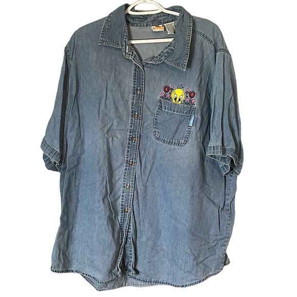 Tweety Bird 26/28 Womens Button Up Blue Denim Looney Tunes Floral Collared - Picture 1 of 9
